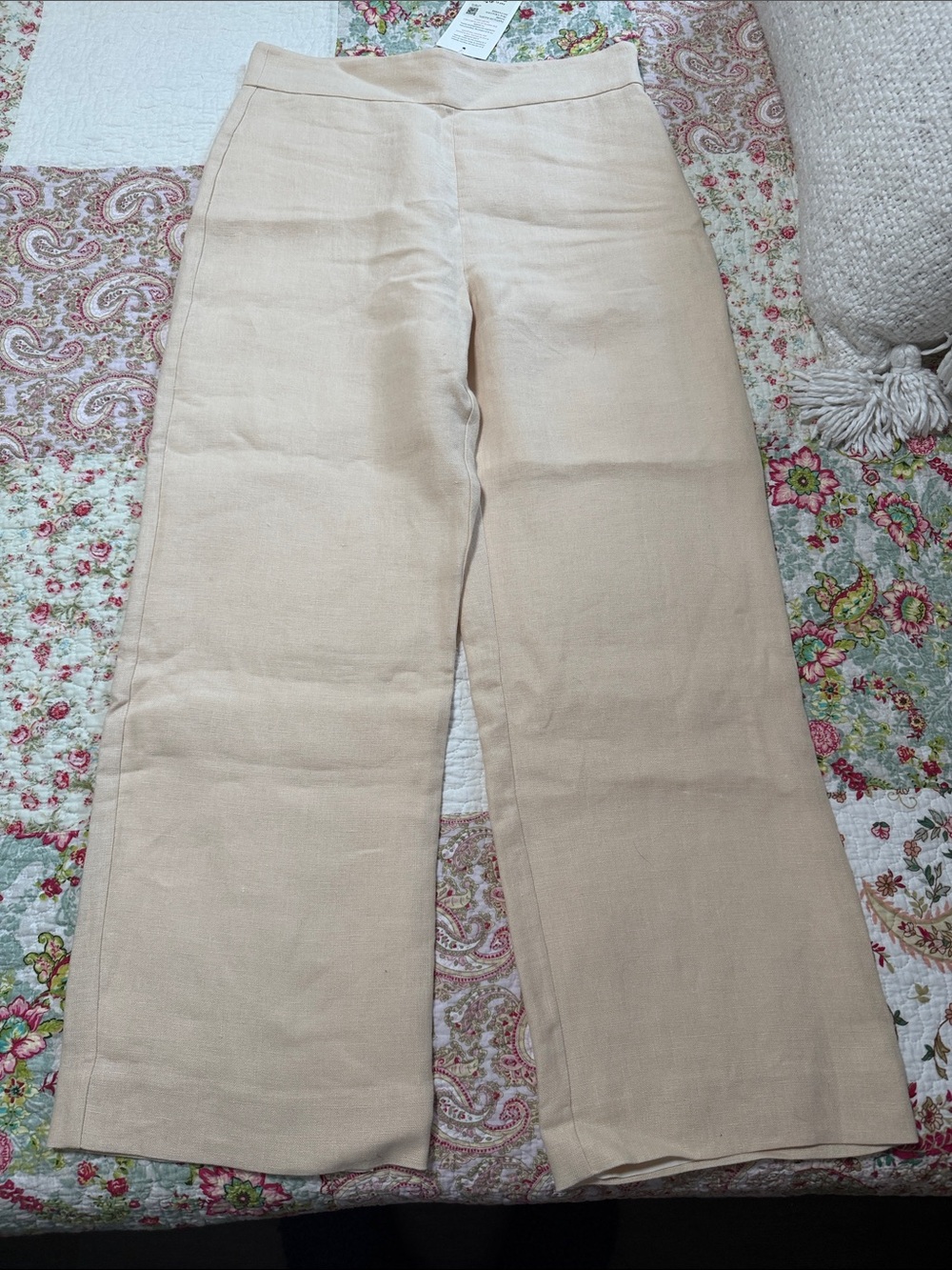 Sezane Beige Wide-Leg Linen-Blend Pants